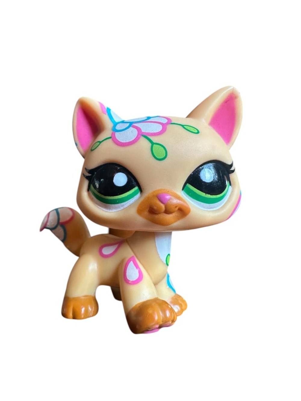 Littlest Pet Shop LPS Tan Cat #1582 Pink Blue & Green Floral Accents Hasbro